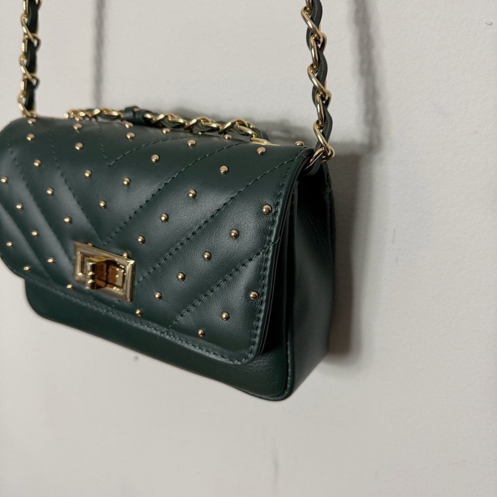 Persaman New York Made in Italy dark Green Quilted Studded Chain Bag Purse